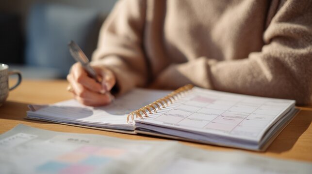 Close-up of healthy meal prep and fasting schedule planner on table, young woman with clean aesthetic style checking progress, concept of intentional lifestyle