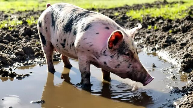  Pig wallowing in a mud puddle on a sunny farm day