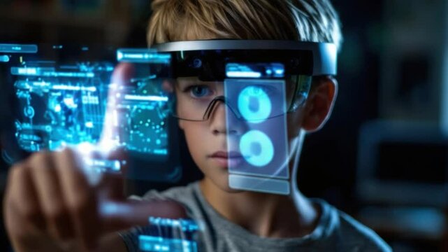 Visionary Kid with VR Technology: A young child, his eyes fixated on a futuristic holographic interface, interacts with advanced virtual reality technology.