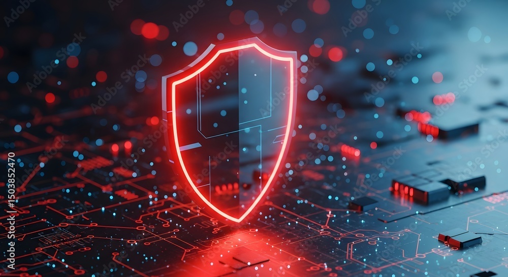 Poster cybersecurity shield protecting digital assets in the modern era of data threats and network vulnera