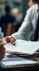 Close-up vertical frame of Indian lawyer showing documents to a client, supportive eye contact, certificates and law books in blurred background