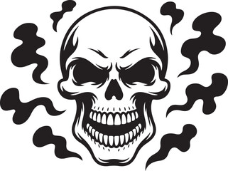 Evil Skull Silhouette, Grinning Skeleton Head with Smoke, Horror Vector Illustration, Black and White Tattoo Design, Stylized Skull Illustration with Smoke Elements