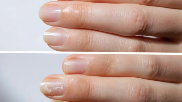 Healthy Nails vs. Damaged Nails: A comparative shot of well-maintained hands with healthy, clean nails and hands with signs of nail damage.