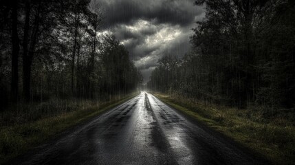 Fototapeta premium Dark Stormy Road with Heavy Rain and Ominous Clouds in a Moody Landscape