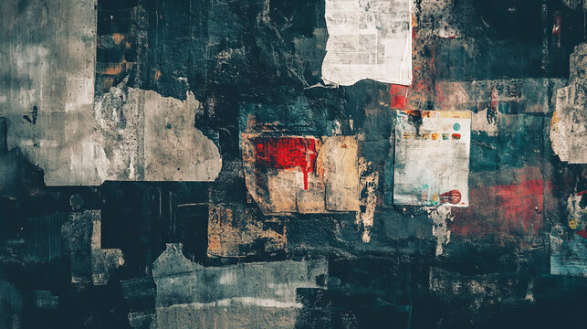 Weathered torn paper collage texture with distressed layers of ripped posters, weathered street wall surface, grunge abstract background for creative urban design and retro artistic concepts

