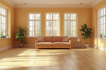 Fototapeta premium Sunny, peach-toned living room with a couch and plants