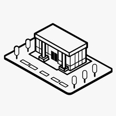Isometric bank building with trees and pathways in minimalist style  