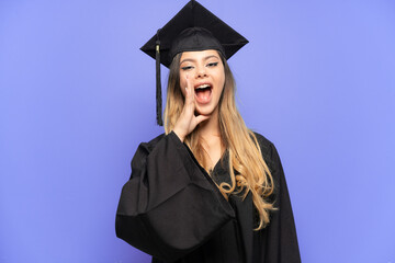 Young university graduate Russian girl isolated on white background shouting with mouth wide open