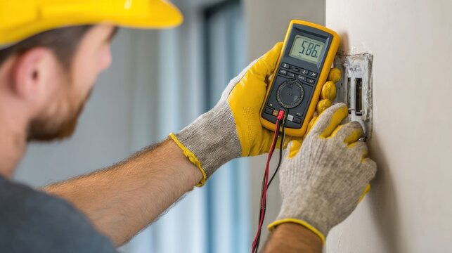 Electrician using a digital multimeter to check wall outlet voltage in a modern home, wearing safety gloves and helmet, clean background, professional tools visible