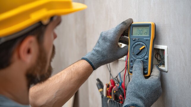 Electrician using a digital multimeter to check wall outlet voltage in a modern home, wearing safety gloves and helmet, clean background, professional tools visible