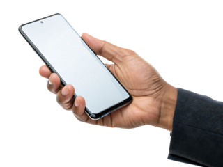 Hand holding smartphone blank screen isolated on transparent background
