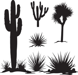 Silhouette of Desert Plants: Cacti, Yucca, and Agave Vector Illustration for Southwestern Decor, Graphics, and Botanical Designs