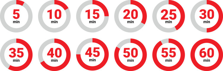 circular red and gray timer icons showing 5 to 60 minutes in increments used for countdown or tracking	