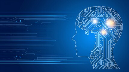 Abstract illustration of a human head overlaid with circuit board patterns.  Artificial intelligence concept