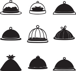 Fototapeta premium Black and White Cloche Food Dome Collection: Vintage Serving Dish Clipart, Elegant Restaurant Presentation, Decorative Food Cover Illustration