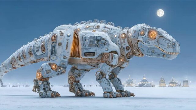 Cybernetic dinosaur robot walks on snowy night under full moon with glowing mechanical futuristic city lights in background