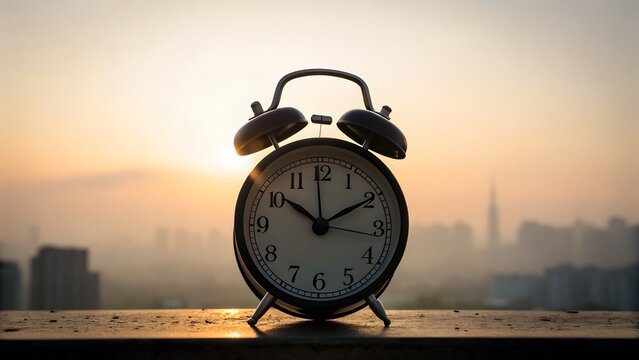 Retro Alarm Clock at Sunrise Silhouette