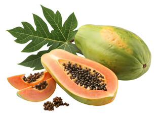 Fresh papaya fruit with leaf isolated on transparent background