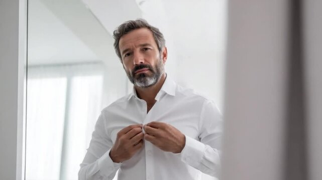 Buttoning Up: A confident man in a white shirt prepares himself, demonstrating an intimate moment of self-reflection and daily routine.
