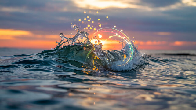 A glowing turquoise wave of luminous particles drifts through a blurred sunset, dotted with golden bokeh and sparkling reflections—ethereal and dreamlike