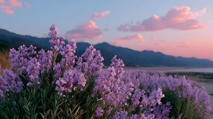 Fototapeta premium purple lavender blooming in the valley, with wind and fireflies, Generative AI
