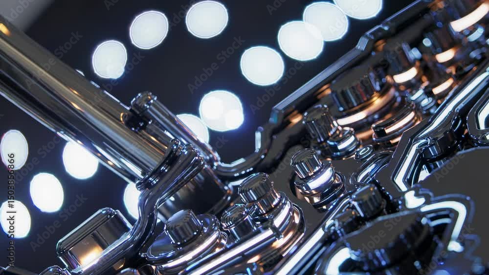 Poster close-up of a shiny, metallic machine part with knobs and gears, reflecting light. industrial, mecha