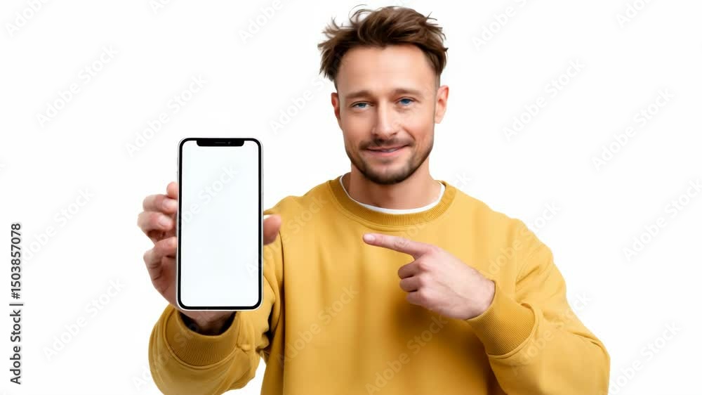 Poster man is holding a phone and pointing to it. he is smiling and he is happy