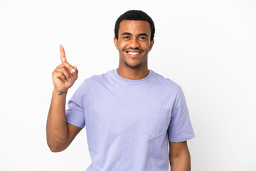 Fototapeta premium African American handsome man on isolated white background pointing up a great idea