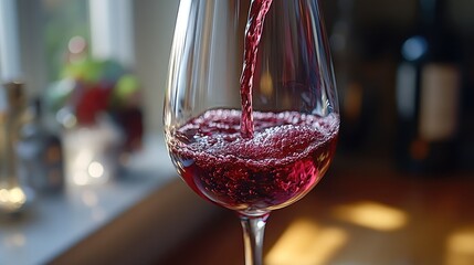 Pouring red wine into glass by window