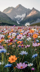Fototapeta premium Macro shot of vibrant orange, pink, white, and blue wildflowers in sharp focus against softly blurred snow-capped mountains, with dramatic depth.