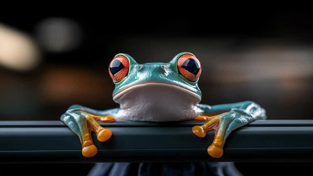 Frog is sitting on a railing with its eyes closed. The frog is green and orange. The frog is looking at the camera