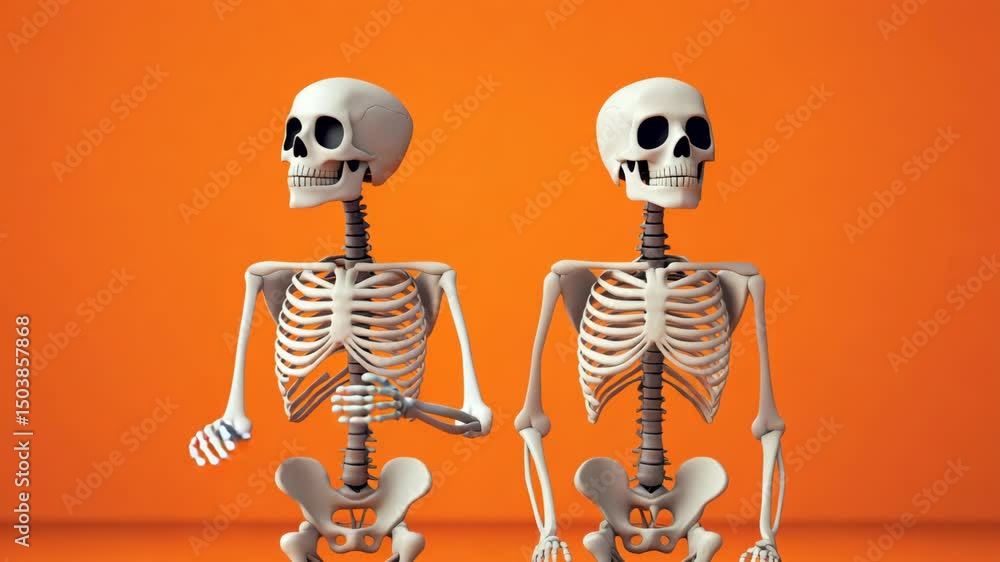 Poster two skeletons are sitting on an orange background. the skeletons are smiling and looking at the came