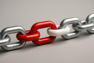 Obraz premium Metal chain with one red and one white link on gray background. Symbol of uniqueness, difference, weak link, or distinction