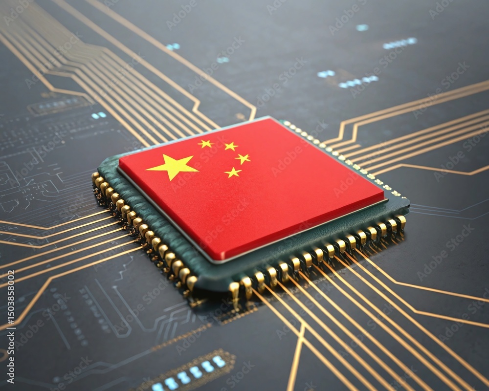 Aufkleber china's tech powerhouse: microchip with chinese flag on circuit board