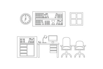 Comprehensive Interior Workplace Outline Icon Set Featuring Office Furniture and Equipment for Web Design and Modern Workspace Illustrations