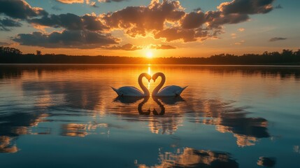 Fototapeta premium Two Swans Forming a Heart Shape at Sunset on a Lake