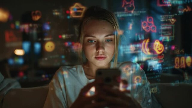 Connectivity Interface: A fair-skinned young woman is engrossed in her cellphone, surrounded by interface icons, symbolizing our hyper-connected life and dependence on digital tools.
