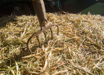 A pitchfork stuck in a bale of straw