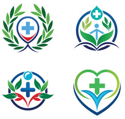 Obraz premium Four Medical Logos Healthcare Branding Green Leaves Cross Symbol