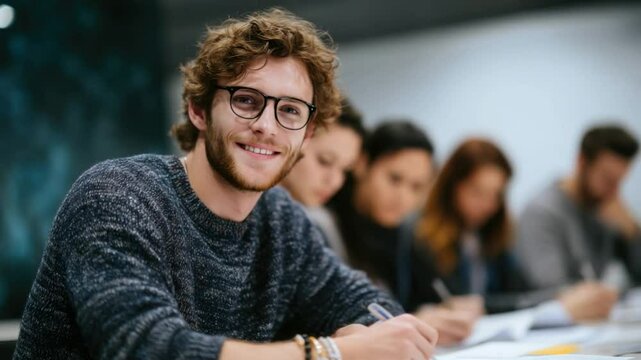 Student in a Study Environment: A young student with eyeglasses is captured in a focused moment in an educational setting, surrounded by classmates absorbed in their work.