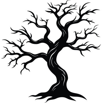 a crooked gnarled tree with branches bending in e