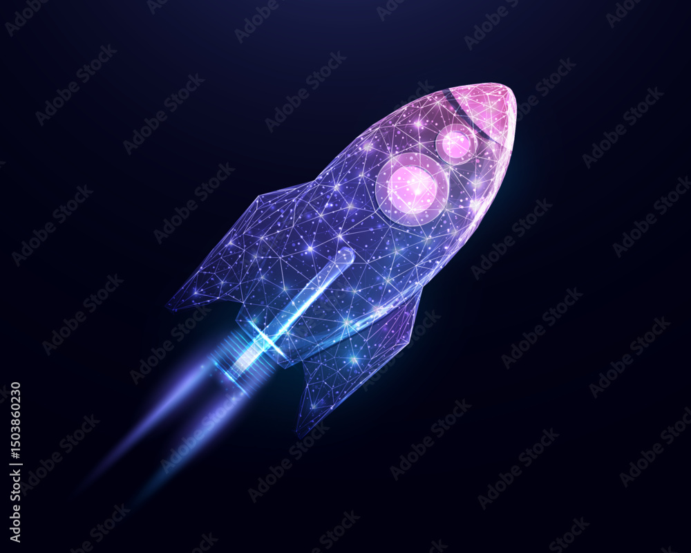 Poster rocket launch, wireframe polygonal style. internet technology network, business startup concept with