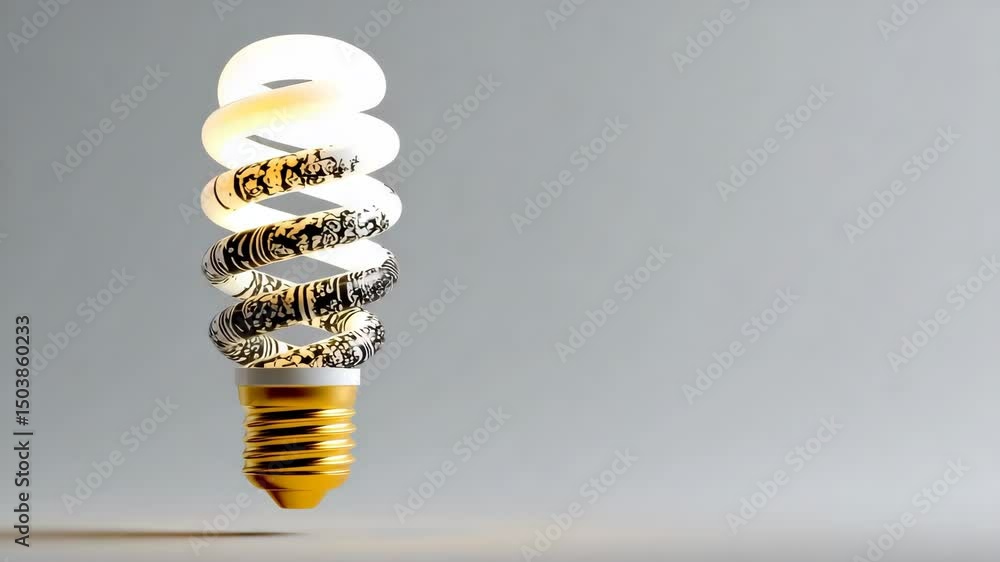 Poster light bulb is shown with a spiral design on it. the bulb is described as being 