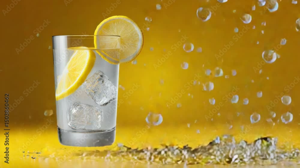 Poster glass of water with a lemon slice in it. the glass is half full and the lemon slice is floating in t