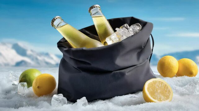 Bag filled with ice and two bottles of beer. The bag is black and the ice is white. There are lemons and limes on the ground