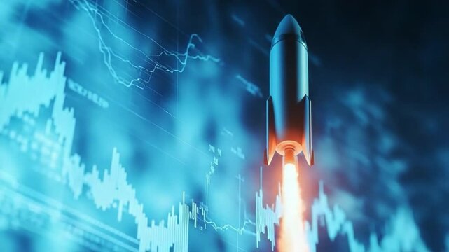 Business Growth Launch: A dynamic image of a rocket blasting off against a backdrop of stock market data, symbolizing growth, investment, and market expansion.