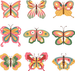 groovy butterfly set cartoon vector illustration