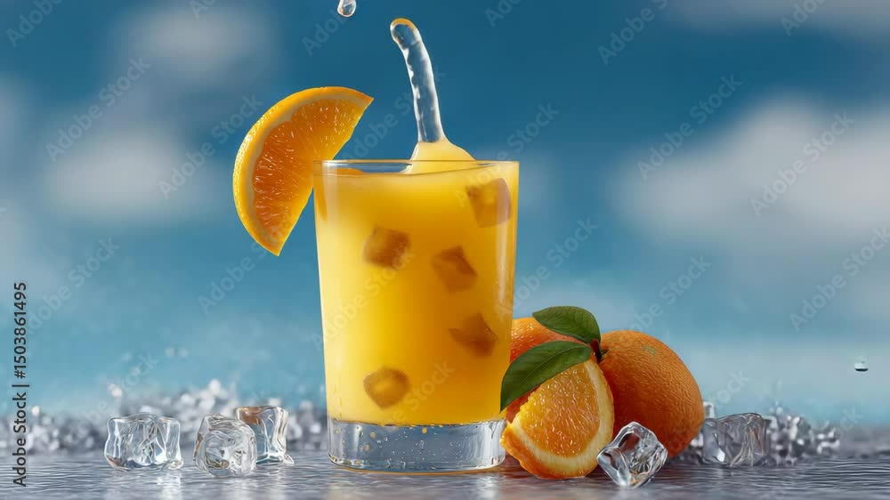 Aufkleber glass of orange juice with ice cubes and a slice of orange on the side. the image conveys a refreshi