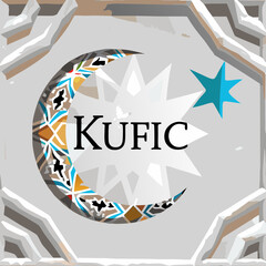 A stylized crescent and star icon encircled by Kufic script within a polygonal frame, blending Islamic tradition with modern geometric design