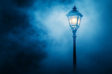 A lone streetlamp illuminates a dark, foggy night, casting an eerie, yet comforting glow